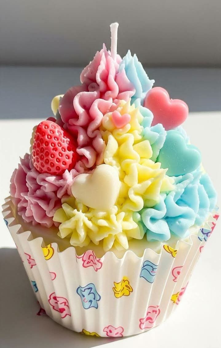Vela cupcake multicolor con corazones y fresa decorativa